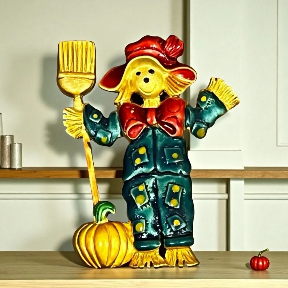 Vintage Lady Scarecrow Pin Brooch Fall Harvest Pumpkins Gold tone Signed 